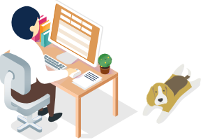 bureau, ordinateur et chien
